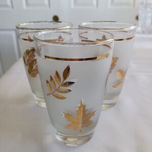 Vintage Frosted Glasses with Gold Leaf Design, set of Three (3)